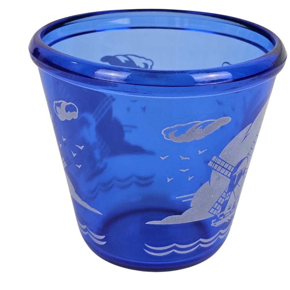 VTG Hazel Atlas cobalt blue glass ice bucket windmills 4.25